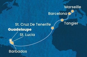 Guadeloupe, Svatá Lucie, Barbados, Španělsko, Maroko, Francie z Pointe-à-Pitre, Guadeloupe na lodi Costa Fascinosa