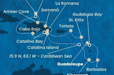 Guadeloupe, Zámořský departement Francie, Svatý Kryštof a Nevis, Britské Panenské ostrovy, Dominikánská republika, Zámořské území Velké Británie, Svatý Vincenc a Grenadiny, Barbados z Pointe-à-Pitre, Guadeloupe na lodi Costa Pacifica