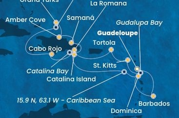 Guadeloupe, Zámořský departement Francie, Svatý Kryštof a Nevis, Britské Panenské ostrovy, Dominikánská republika, Zámořské území Velké Británie, Dominika, Barbados z Pointe-à-Pitre, Guadeloupe na lodi Costa Pacifica