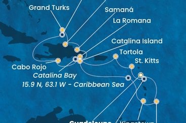 Guadeloupe, Svatý Kryštof a Nevis, Britské Panenské ostrovy, Dominikánská republika, Zámořské území Velké Británie, Svatý Vincenc a Grenadiny, Barbados z Pointe-à-Pitre na lodi Costa Fascinosa