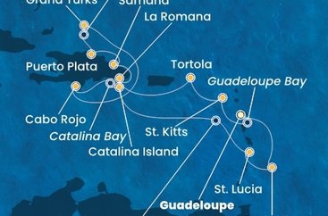 Guadeloupe, Svatý Kryštof a Nevis, Britské Panenské ostrovy, Dominikánská republika, Zámořské území Velké Británie, Svatá Lucie, Barbados z Pointe-à-Pitre na lodi Costa Fascinosa