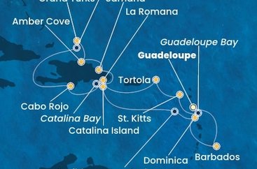 Guadeloupe, Svatý Kryštof a Nevis, Britské Panenské ostrovy, Dominikánská republika, Zámořské území Velké Británie, Dominika, Barbados z Pointe-à-Pitre na lodi Costa Pacifica