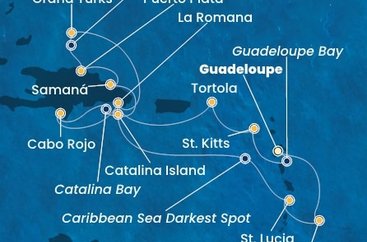 Guadeloupe, Svatý Kryštof a Nevis, Britské Panenské ostrovy, Dominikánská republika, Zámořské území Velké Británie, Svatá Lucie, Barbados z Pointe-à-Pitre na lodi Costa Pacifica