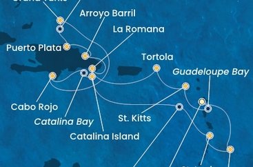 Guadeloupe, Svatý Kryštof a Nevis, Britské Panenské ostrovy, Dominikánská republika, Zámořské území Velké Británie, Svatá Lucie, Barbados z Pointe-à-Pitre na lodi Costa Fascinosa