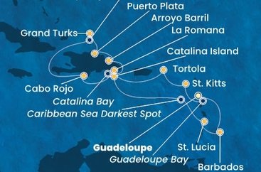 Guadeloupe, Svatý Kryštof a Nevis, Britské Panenské ostrovy, Dominikánská republika, Zámořské území Velké Británie, Svatá Lucie, Barbados z Pointe-à-Pitre na lodi Costa Fascinosa