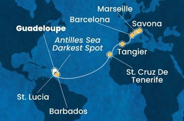 Guadeloupe, Svatá Lucie, , Barbados, Španělsko, Maroko, Francie, Itálie z Pointe-à-Pitre na lodi Costa Fascinosa