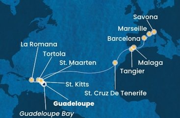 Guadeloupe, Svatý Kryštof a Nevis, Britské Panenské ostrovy, Dominikánská republika, Svatý Martin, Španělsko, Maroko, Francie, Itálie z Pointe-à-Pitre na lodi Costa Fascinosa