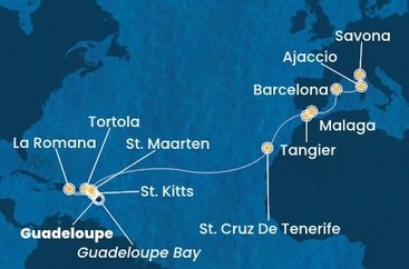 Guadeloupe, Svatý Kryštof a Nevis, Britské Panenské ostrovy, Dominikánská republika, Svatý Martin, Španělsko, Maroko, Francie, Itálie z Pointe-à-Pitre na lodi Costa Fascinosa