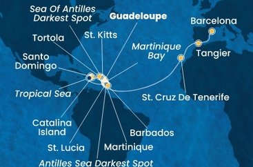 Guadeloupe, Svatý Kryštof a Nevis, Britské Panenské ostrovy, Dominikánská republika, Martinik, Svatá Lucie, , Barbados, Španělsko, Maroko z Pointe-à-Pitre na lodi Costa Fascinosa