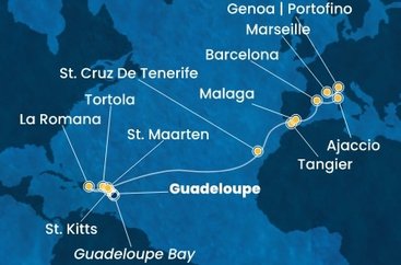 Guadeloupe, Svatý Kryštof a Nevis, Britské Panenské ostrovy, Dominikánská republika, Svatý Martin, Španělsko, Maroko, Francie, Itálie z Pointe-à-Pitre na lodi Costa Fascinosa