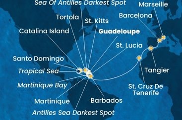 Guadeloupe, Svatý Kryštof a Nevis, Britské Panenské ostrovy, Dominikánská republika, Martinik, Svatá Lucie, , Barbados, Španělsko, Maroko, Francie z Pointe-à-Pitre na lodi Costa Fascinosa