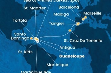 Guadeloupe, Svatý Kryštof a Nevis, Britské Panenské ostrovy, Dominikánská republika, Svatý Martin, Martinik, Antigua a Barbuda, Španělsko, Maroko, Francie z Pointe-à-Pitre na lodi Costa Favolosa
