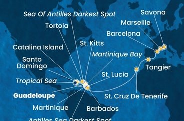 Guadeloupe, Svatý Kryštof a Nevis, Britské Panenské ostrovy, Dominikánská republika, Martinik, Svatá Lucie, , Barbados, Španělsko, Maroko, Francie, Itálie z Pointe-à-Pitre na lodi Costa Fascinosa