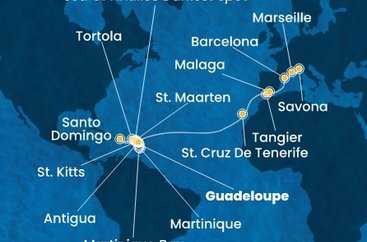 Guadeloupe, Svatý Kryštof a Nevis, Britské Panenské ostrovy, Dominikánská republika, Svatý Martin, Martinik, Antigua a Barbuda, Španělsko, Maroko, Francie, Itálie z Pointe-à-Pitre na lodi Costa Favolosa