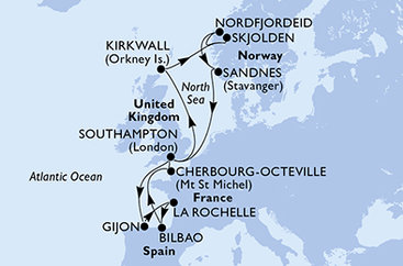 Velká Británie, Španělsko, Francie, Norsko ze Southamptonu na lodi MSC Meraviglia