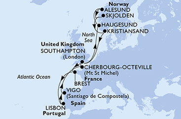 Velká Británie, Francie, Portugalsko, Španělsko, Norsko ze Southamptonu na lodi MSC Meraviglia
