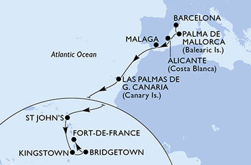 Španělsko, Antigua a Barbuda, Svatý Vincenc a Grenadiny, Barbados, Martinik z Barcelony na lodi MSC World Asia