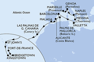 Francie, Itálie, Malta, Španělsko, Antigua a Barbuda, Svatý Vincenc a Grenadiny, Barbados, Martinik z Marseille na lodi MSC World Asia