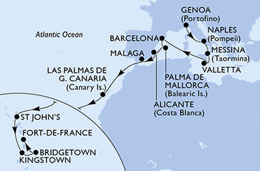Itálie, Malta, Španělsko, Antigua a Barbuda, Svatý Vincenc a Grenadiny, Barbados, Martinik z Janova na lodi MSC World Asia