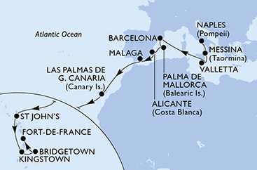 Itálie, Malta, Španělsko, Antigua a Barbuda, Svatý Vincenc a Grenadiny, Barbados, Martinik z Neapole na lodi MSC World Asia