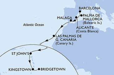 Španělsko, Antigua a Barbuda, Svatý Vincenc a Grenadiny, Barbados z Barcelony na lodi MSC World Asia