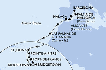 Španělsko, Antigua a Barbuda, Svatý Vincenc a Grenadiny, Barbados, Martinik, Guadeloupe z Barcelony na lodi MSC World Asia