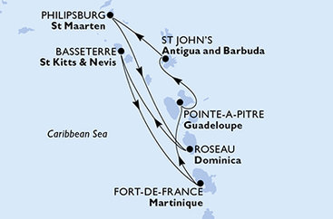 Martinik, Guadeloupe, Antigua a Barbuda, Svatý Martin, Dominika, Svatý Kryštof a Nevis z Fort-de-France na lodi MSC World Asia