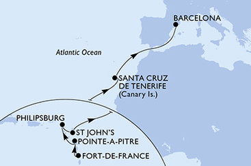 Martinik, Guadeloupe, Svatý Martin, Antigua a Barbuda, Španělsko z Fort-de-France na lodi MSC World Asia