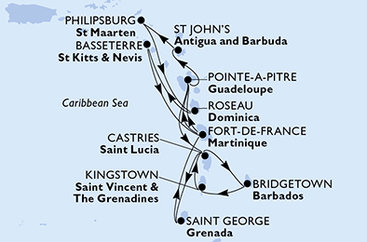 Barbados, Svatý Vincenc a Grenadiny, Svatá Lucie, Grenada, Martinik, Guadeloupe, Antigua a Barbuda, Svatý Martin, Dominika, Svatý Kryštof a Nevis z Bridgetownu na lodi MSC World Asia