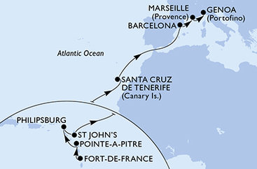 Martinik, Guadeloupe, Svatý Martin, Antigua a Barbuda, Španělsko, Francie, Itálie z Fort-de-France na lodi MSC World Asia