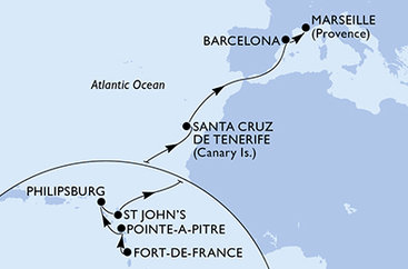 Martinik, Guadeloupe, Svatý Martin, Antigua a Barbuda, Španělsko, Francie z Fort-de-France na lodi MSC World Asia