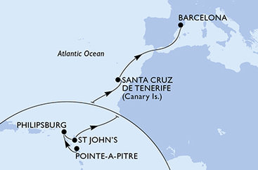 Guadeloupe, Svatý Martin, Antigua a Barbuda, Španělsko z Pointe-à-Pitre na lodi MSC World Asia
