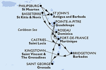 Barbados, Svatý Vincenc a Grenadiny, Grenada, Martinik, Guadeloupe, Svatý Martin, Antigua a Barbuda, Svatý Kryštof a Nevis, Dominika, Svatá Lucie z Bridgetownu na lodi MSC World Asia