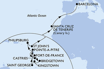 Martinik, Guadeloupe, Svatá Lucie, Barbados, Svatý Vincenc a Grenadiny, Grenada, Svatý Martin, Antigua a Barbuda, Španělsko z Fort-de-France na lodi MSC World Asia