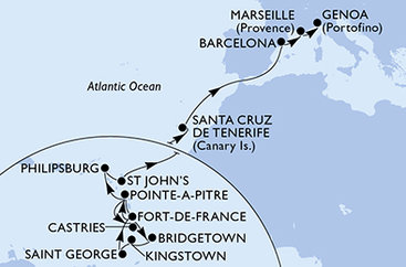Martinik, Guadeloupe, Svatá Lucie, Barbados, Svatý Vincenc a Grenadiny, Grenada, Svatý Martin, Antigua a Barbuda, Španělsko, Francie, Itálie z Fort-de-France na lodi MSC World Asia
