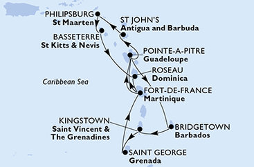 Barbados, Svatý Vincenc a Grenadiny, Grenada, Martinik, Guadeloupe, Antigua a Barbuda, Svatý Martin, Svatý Kryštof a Nevis, Dominika z Bridgetownu na lodi MSC World Asia