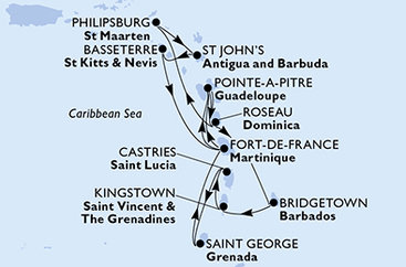 Barbados, Svatý Vincenc a Grenadiny, Svatá Lucie, Grenada, Martinik, Guadeloupe, Dominika, Svatý Martin, Antigua a Barbuda, Svatý Kryštof a Nevis z Bridgetownu na lodi MSC World Asia