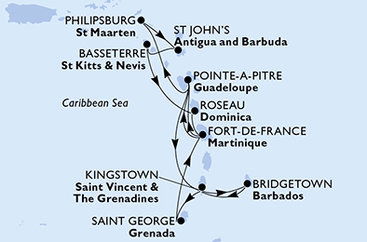 Barbados, Svatý Vincenc a Grenadiny, Grenada, Martinik, Guadeloupe, Svatý Martin, Antigua a Barbuda, Svatý Kryštof a Nevis, Dominika z Bridgetownu na lodi MSC World Asia