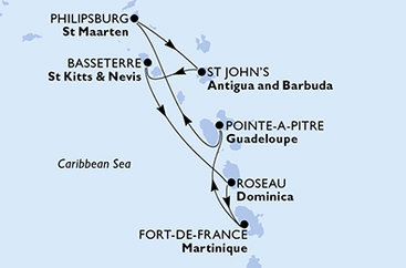 Guadeloupe, Svatý Martin, Antigua a Barbuda, Svatý Kryštof a Nevis, Dominika, Martinik z Pointe-à-Pitre na lodi MSC World Asia