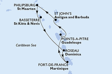 Guadeloupe, Antigua a Barbuda, Svatý Martin, Svatý Kryštof a Nevis, Dominika, Martinik z Pointe-à-Pitre na lodi MSC World Asia