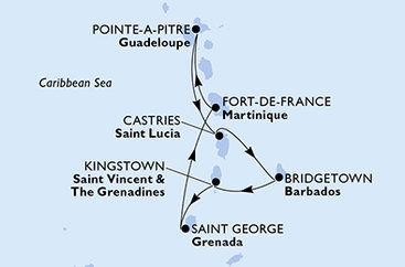 Guadeloupe, Svatá Lucie, Barbados, Svatý Vincenc a Grenadiny, Grenada, Martinik z Pointe-à-Pitre na lodi MSC World Asia