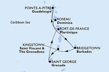 Guadeloupe, Dominika, Barbados, Svatý Vincenc a Grenadiny, Grenada, Martinik z Pointe-à-Pitre na lodi MSC World Asia