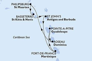Guadeloupe, Dominika, Svatý Martin, Svatý Kryštof a Nevis, Antigua a Barbuda, Martinik z Pointe-à-Pitre na lodi MSC World Asia