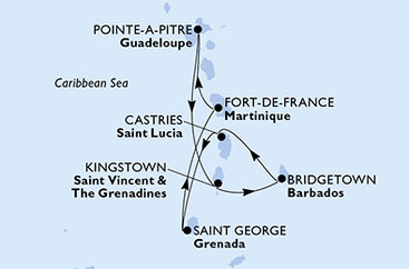 Guadeloupe, Svatý Vincenc a Grenadiny, Barbados, Svatá Lucie, Grenada, Martinik z Pointe-à-Pitre na lodi MSC World Asia