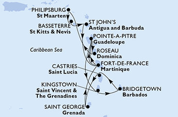 Barbados, Svatá Lucie, Grenada, Martinik, Guadeloupe, Dominika, Svatý Martin, Svatý Kryštof a Nevis, Antigua a Barbuda z Bridgetownu na lodi MSC World Asia