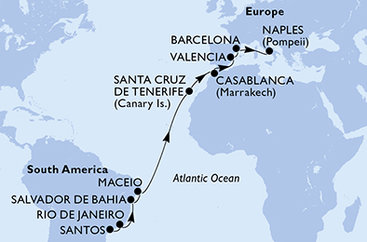 Brazílie, Španělsko, Maroko, Itálie ze Santosu na lodi MSC Divina