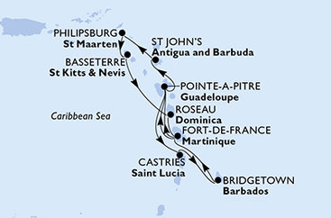 Barbados, Martinik, Guadeloupe, Antigua a Barbuda, Svatý Martin, Svatý Kryštof a Nevis, Dominika, Svatá Lucie z Bridgetownu na lodi MSC World Asia