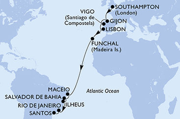 Velká Británie, Španělsko, Portugalsko, Brazílie ze Southamptonu na lodi MSC Meraviglia