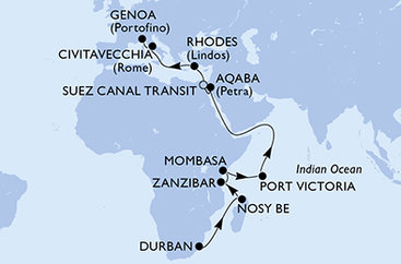 Jihoafrická republika, Madagaskar, Tanzánie, Keňa, Seychely, Jordánsko, Egypt, Řecko, Itálie z Durbanu na lodi MSC Sinfonia