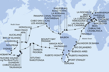 Itálie, Francie, Španělsko, Velká Británie, Maroko, Kapverdy, Brazílie, Argentina, Zámořské území Velké Británie, Chile, Francouzská Polynésie, Cookovy ostrovy, Nový Zéland, Austrálie, Nová Kaledonie, Vanuatu, Samoa, Americká Samoa, USA, Mexiko, Kostarika, , Panama, Dominikánská republika, Britské Panenské ostrovy, Svatý Martin, Německo z Janova na lodi MSC Magnifica